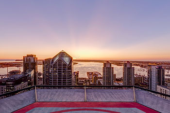 360-degree skyline view of San Diego from Emerald Plaza helipad.