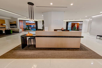 360-degree view of the Emerald Plaza business lobby interior in San Diego, California.
